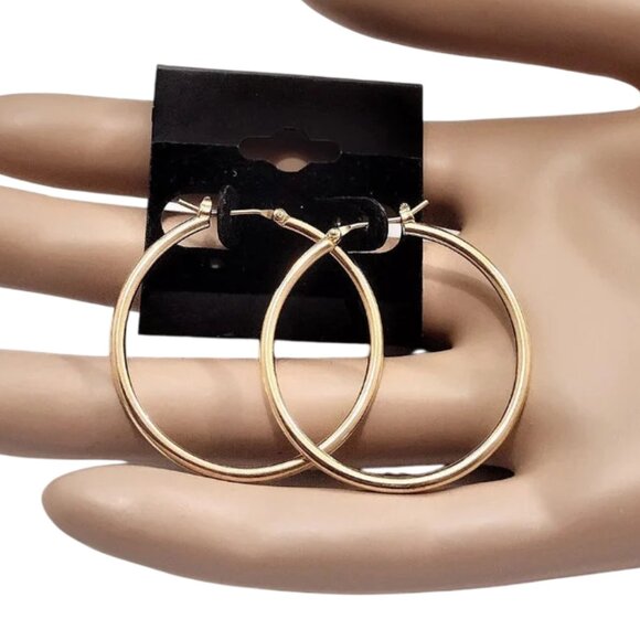 1 3/8 Inch 35mm Tube Hoop Pierced Post Earrings Gold Tone - Picture 2 of 5